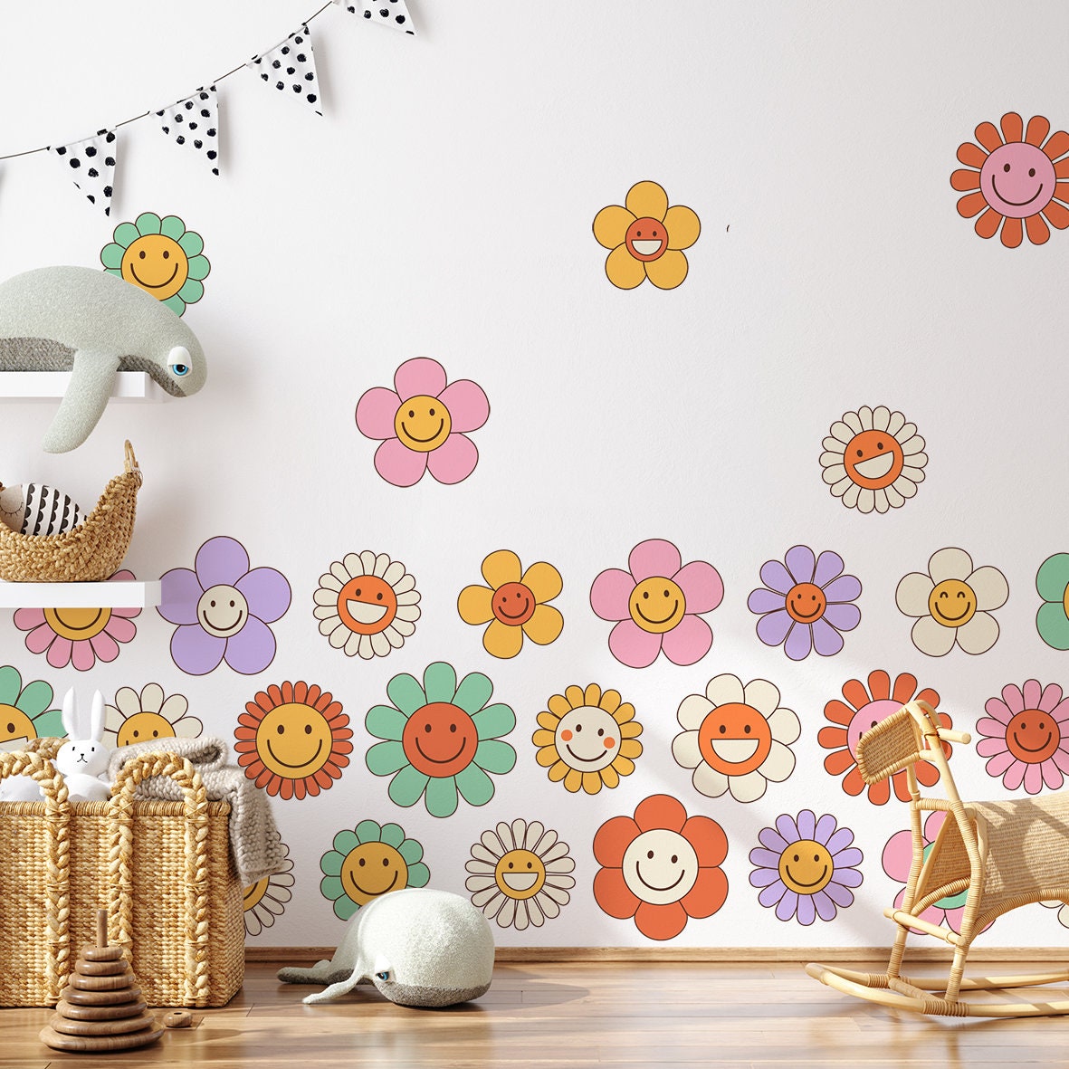 Floral Wall Stickers, Floral Wall Decal, Pink Flower Wall Decal, Smiley  Flowers Wall Sticker, Pastel Flower Wall Stickers, Colorful Srickers 