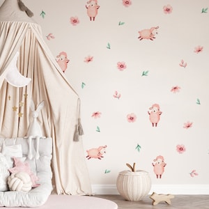 Sheeps wall stickers, Sheeps wall decal, Kids room wall decal, Kids room wall stickers, Sheeps, Flowers, Leafs, Cute sheeps wall stickers