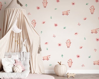 Adesivos de parede de ovelhas: decoração para quarto infantil, flores e folhas.