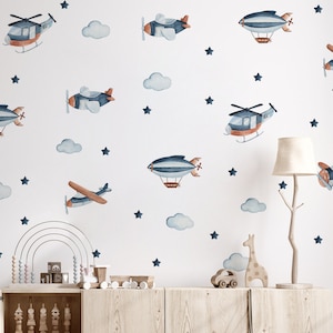 Airplanes wall stickers, Airplanes wall decal, Kids room decals, Kids room stickers, Helicopters, Airboats, Clouds, Stars, Peal & Stick