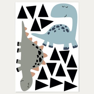 May include: A set of black triangle and dinosaur wall decals. The decals feature two dinosaurs, one blue and one gray, with black spots. The dinosaurs are surrounded by black triangles.