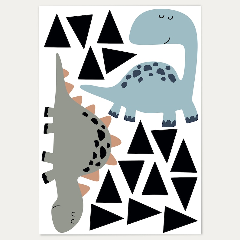 May include: A set of black triangle and dinosaur wall decals. The decals feature two dinosaurs, one blue and one gray, with black spots. The dinosaurs are surrounded by black triangles.