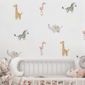Muurstickers safaridieren, muursticker wilde dieren, kinderkamersticker, olifant, zebra, giraf, flamingo, muursticker safaridieren
