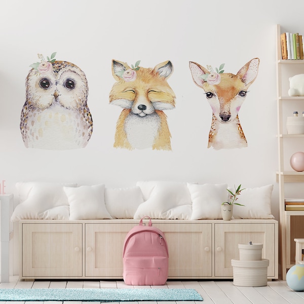 Forest Animals Wall Stickers, Forest Animals Wall Decal, Sticker for Kids, Owl wall sticker, Fox wall sticker, Doe wall sticker,