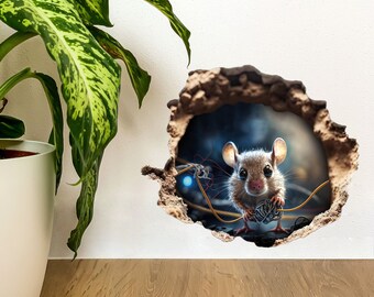Mouse Hole Sticker, 3D Wall Decal, Skirting Board Sticker, Mouse With Electric Cables, Funny Kitchen Decal, Reusable Peel and stick decal