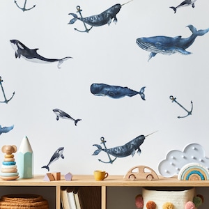 Whales wall stickers, Whales wall decal, Kids room wall decal, Kids room wall stickers, Whales, Anchors Funny whales wall stickers