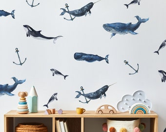 Whales wall stickers, Whales wall decal, Kids room wall decal, Kids room wall stickers, Whales, Anchors Funny whales wall stickers