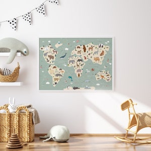 Tiere Weltkarte, Kinder Weltkarte Druck, Weltkarte Kinderzimmer, Kinderzimmer Wandkunst, Pädagogisches Poster, Kinderzimmer Druck