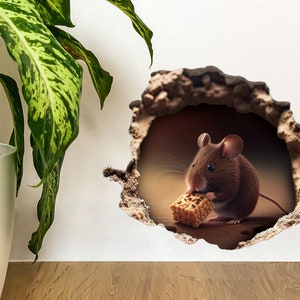 Mouse Hole Sticker, 3D Wall Decal, Skirting Board Sticker, Realistic Mouse, Funny Cute Kitchen Decal, Reusable Peel and stick decal