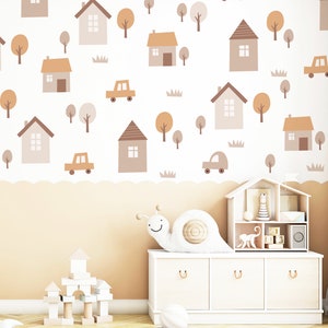 Landschaft Wandaufkleber, Landschaft Wandtattoo, Kinderzimmer Aufkleber, Häuser und Bäume Wandaufkleber, Autos Wandtattoo