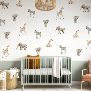 Safari animals wall stickers, Wild animals wall decal, Kids room decal, Elephant, Zebra, Giraffe stickers, Safari animals wall decal