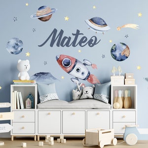 Space Rocket & Stars Custom Name Wall Sticker - Extra Large 1100x550mm, Personalised Nursery Kids Room Decor