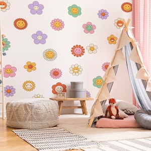Floral Wall Stickers, Floral Wall Decal, Pink flower wall decal, Smiley flowers wall sticker, Pastel flower wall stickers, Colorful srickers