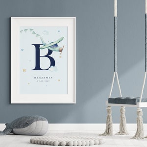 Poster personalizzato per bambini, stampa di nascita personalizzabile, arte della parete dell'asilo nido, arte della stanza dei bambini, poster dell'aereo, stampa personalizzata, stampa personalizzata del nome