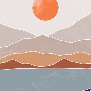 May include: Abstract art print featuring a stylized landscape with a large orange sun, layered mountains in shades of brown, beige, and gray, and a blue lake in the foreground.