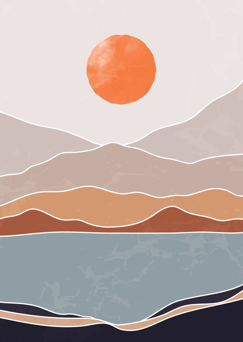 May include: Abstract art print featuring a stylized landscape with a large orange sun, layered mountains in shades of brown, beige, and gray, and a blue lake in the foreground.