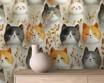 Carta da parati adesiva con simpatici gatti arancioni e grigi – Decorazione botanica rimovibile per la cameretta dei bambini