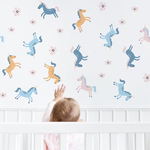Unicorn wall stickers, Unicorn wall decal, Pastel flowers, Kids room decal, Kids room stickers,