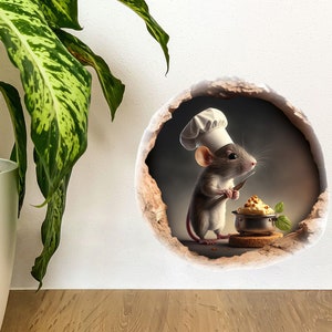 Mouse Hole Sticker, 3D Wall Decal, Skirting Board Sticker, Cute Mouse Cooking Cheese, Funny Kitchen Decal, Reusable Peel and stick decal