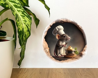 Mouse Hole Sticker, 3D Wall Decal, Skirting Board Sticker, Cute Mouse Cooking Cheese, Funny Kitchen Decal, Reusable Peel and stick decal