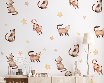 Adesivo de parede com gatos e estrelas divertidos - Decoração para quarto infantil