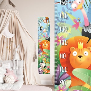 Wachstumstabelle Wandtattoo, Safari Tiere Aufkleber für Kinder, Elefant, Tiger, Zebra, Löwe, Affe, Papagei, Strauß, Schlange, einfach abziehen und aufkleben