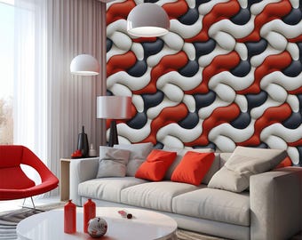 May include: A contemporary living room with a white sofa, red cushions, and a round white coffee table. The feature wall has a 3D design in red, white, and black. A red chair and pendant lights complete the scene.
