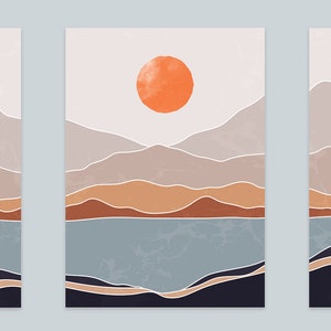 May include: Three abstract landscape illustrations with a minimalist style. Each illustration features a mountain range with a lake in the foreground and a sunset in the background. The colors are muted and earthy, with shades of brown, orange, and blue.