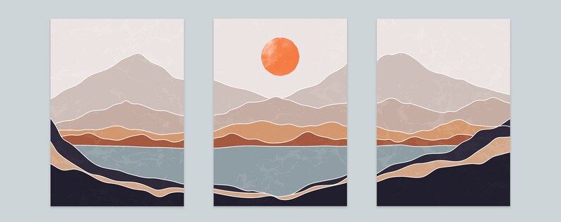 May include: Three abstract landscape illustrations with a minimalist style. Each illustration features a mountain range with a lake in the foreground and a sunset in the background. The colors are muted and earthy, with shades of brown, orange, and blue.
