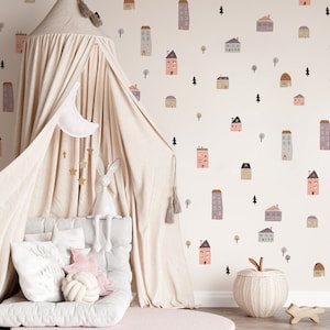 Pegatinas de pared de campo, Pegatinas de pared de edificios, Pegatinas de habitación infantil, Pegatinas de habitación infantil, Pegatinas de pared de casas y árboles