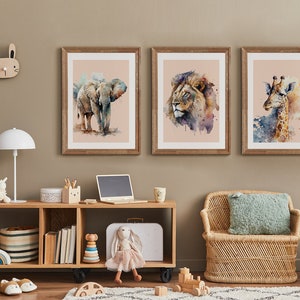 Juego de póster de animales de la selva, Set de 3 estampados de animales, Juego de carteles, Decoración de pared para niños, Póster de jirafa león elefante, Estampado animal de selva