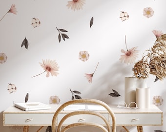 Pegatinas de pared florales, calcomanía de pared floral de pradera, decoración de pared, pegatina de pared estilo Boho, pegatinas de pared de flores pastel, pegatinas de pared botánicas