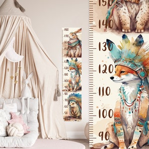 Growth Chart Wall Decal, Forest Animals Sticker for Kids, Hare, Fox, Hedgehog, Boho Style, Easy Peel And Stick