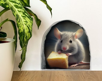 Mouse Hole Sticker, 3D Wall Decal, Skirting Board Sticker, Mouse With Cheese, Funny Kitchen Decal, Reusable Peel and stick decal