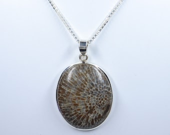 Black Fossil Coral Sterling Silver Necklace, Natural Fossil Coral pendant with silver chain, Fossil Coral Pendant, Gift for Her,Mens Pendant
