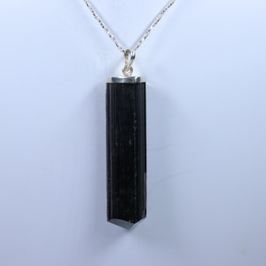 A+ Black Tourmaline Pencil Sterling Silver Necklace, Natural Tourmaline stone Pendant with silver chain, Handmade Pendant, Gift forHer/Him