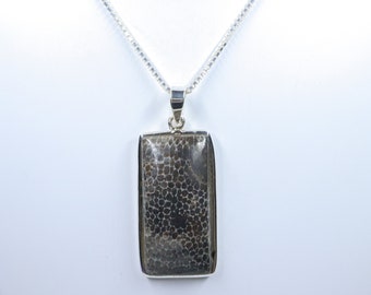 Black Fossil Coral Sterling Silver Necklace, Natural Fossil Coral pendant with silver chain, Fossil Coral Pendant, Gift for Her,Mens Pendant