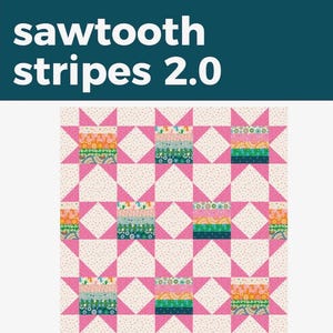 May include: A quilt pattern called "Sawtooth Stripes 2.0" featuring a pink and white background with a repeating pattern of pink stars and colorful stripes. The pattern is described as a "jelly roll friendly quilt pattern" and is numbered "029".
