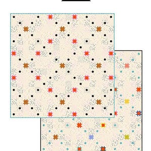 May include: A cream-colored fabric with a repeating pattern of small black dots, red stars, orange stars, and blue stars. The fabric is labeled "Starry Quilt".