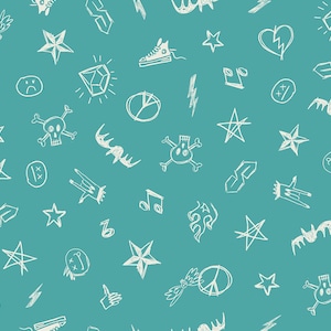 May include: A teal blue background with white hand-drawn doodles of various symbols, including stars, skulls, hearts, musical notes, and lightning bolts.