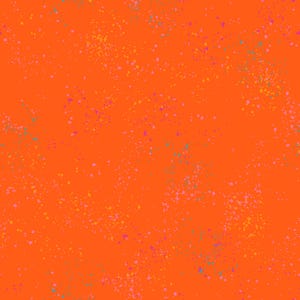 May include: Orange background with a scattered pattern of small dots in various colors, including yellow, pink, and blue.