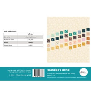 May include: A quilt pattern called "Grandpa's Pond" by Allison Ramsing. The pattern is for a throw quilt measuring 59 inches by 69 inches. The pattern uses a charm pack and yardage for the fabric. The pattern is friendly for beginners. The pattern is available for purchase on the website allisonramsing.com.