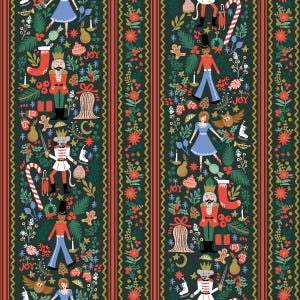 May include: A repeating pattern with a dark green background and vertical stripes. The stripes alternate between red and gold. The pattern features Christmas-themed illustrations, including nutcrackers, gingerbread men, and candy canes.