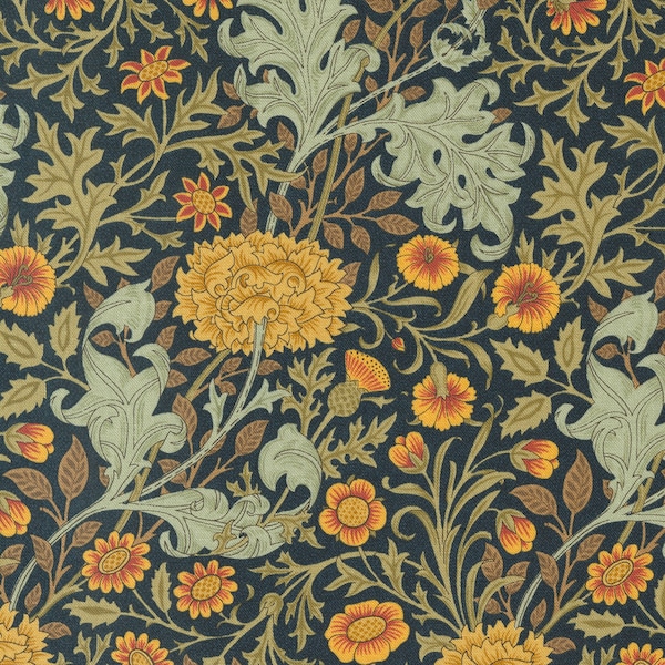 Moda - Morris Meadow - Double Boughs Damask Black Fabric-sold by the half yard, cut continuously