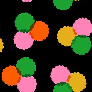 May include: A repeating pattern on a black background featuring clusters of three scalloped-edge circles in vibrant shades of pink, orange, green, and yellow. The circles overlap slightly, creating a dense, colorful graphic design across the surface.