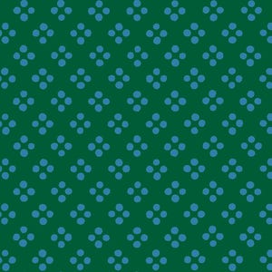 May include: A seamless pattern featuring a repeating design of four blue dots arranged in a square on a green background. The pattern is evenly spaced and creates a visually appealing texture, suitable for fabric or wallpaper.