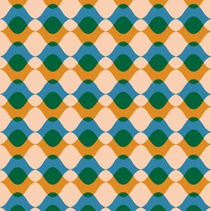 May include: A repeating pattern featuring a series of overlapping shapes in a retro style. The design incorporates a palette of peach, teal, green, and gold, creating a vibrant and eye-catching visual.