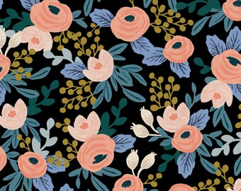 May include: A black background with a repeating pattern of pink, blue and green flowers. The flowers are stylised and have a whimsical feel.