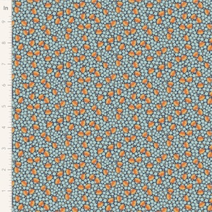 May include: A fabric with a repeating pattern of orange floral shapes and small blue-green dots on a dark blue background. The design is dense and covers the entire surface, creating a textured appearance.