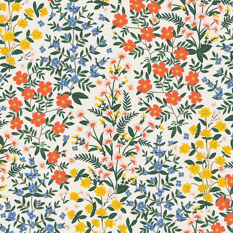 May include: A seamless pattern featuring a variety of flowers in shades of red, yellow, blue, and pink. The flowers are arranged in a random pattern on a white background.